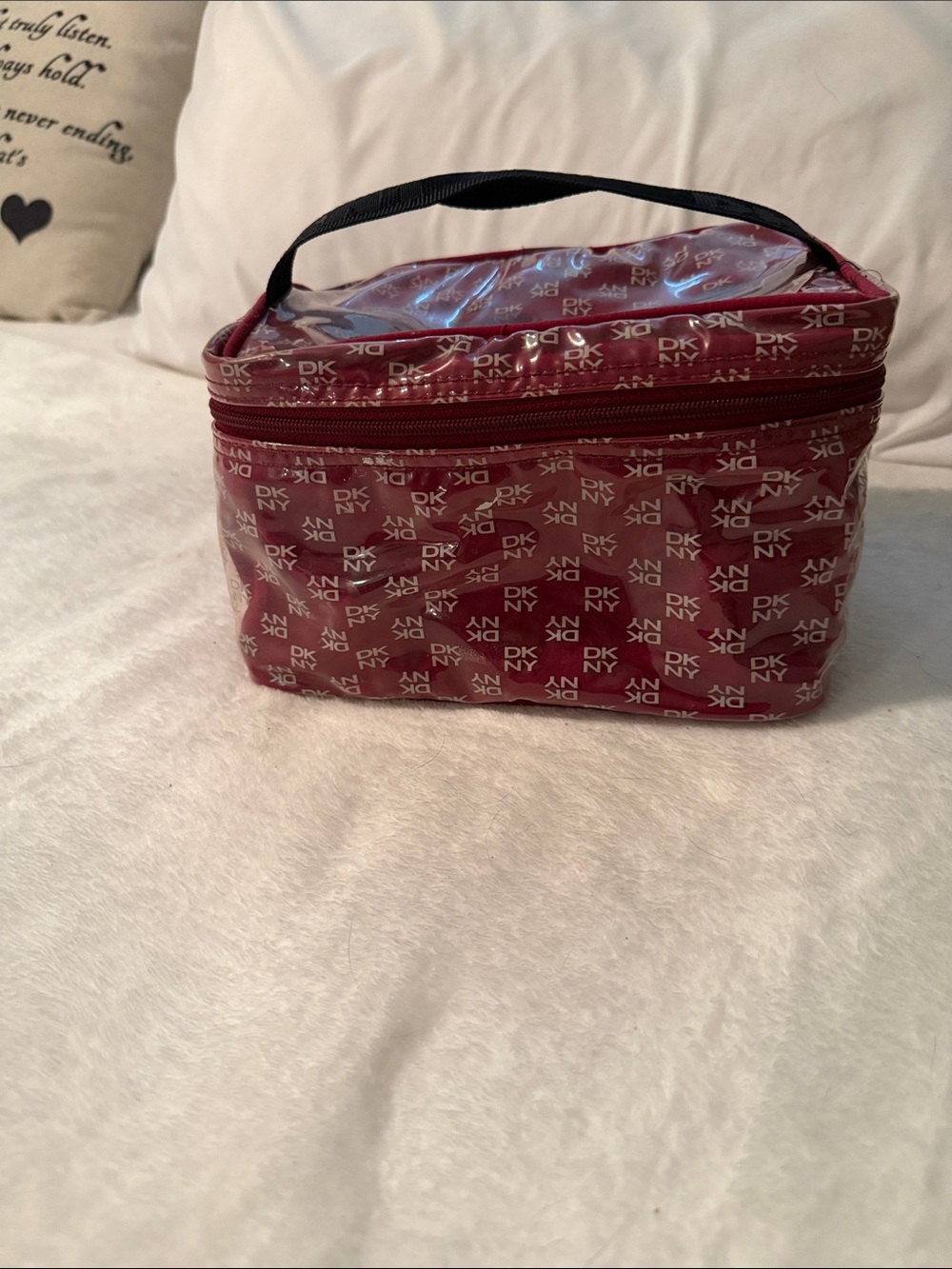 DKNY Burgundy Logo Vinyl Cosmetic Carry Case with Handle